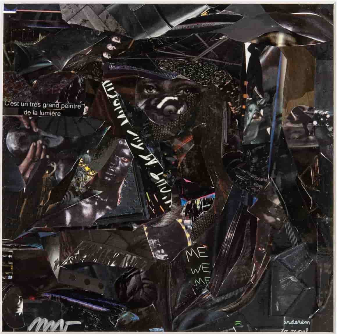 Collage abstrait fait d'une multitude de bouts de papier noirs. On discerne des yeux au milieu.